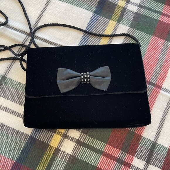 VELVET EVENING BAG WITH SILK BOW AND RHINESTONES IN BLACK - NWOT (504) - Picture 1 of 5
